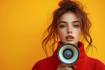 Fototapeta premium Stylish woman in a red outfit holding a loudspeaker against a bright yellow background, with ample space for text on the side. 