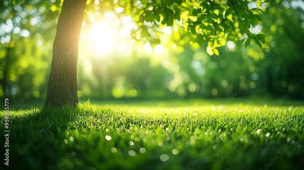 Aufkleber blur background of sunlight shining though the tree with grass field soft light nature photography p