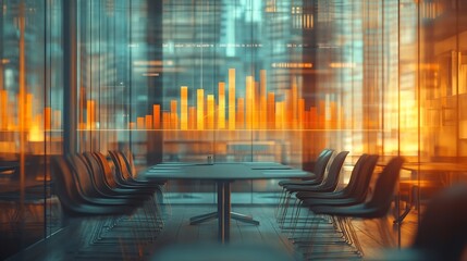 Image of bar graph representing growth over empty chairs and table arranged in conference room Digital composite multiple exposure business report profit progress furniture meeting : Generative AI