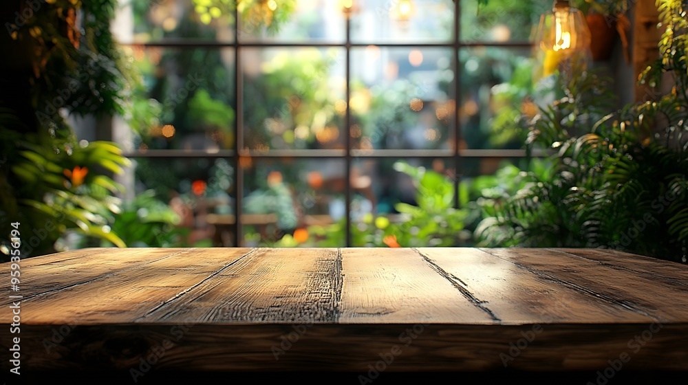 Poster a wooden table in front of a blurred background depicting a coffee shop or restaurant with a large w