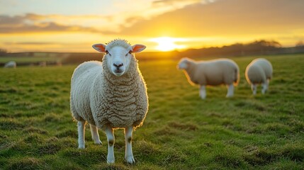 Fototapeta premium Sheep grazing in a green field in the English countryside at sunset in winter on a UK farm : Generative AI