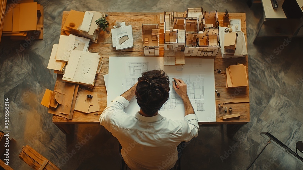 Poster top view of skilled civil engineer sitting and writing idea while looking at house model aerial view