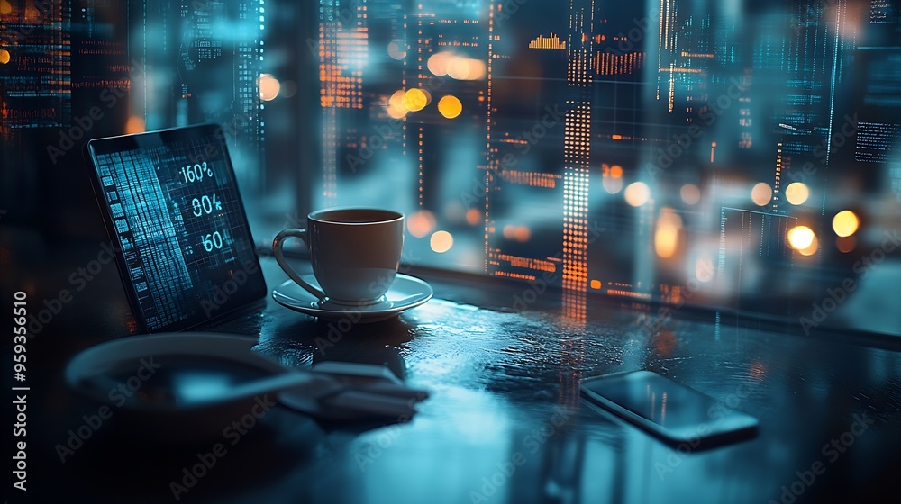 Aufkleber Image of multiple graphs changing numbers empty chair cellphone coffee and keyboard on desk Digital composite multiple exposure report business beverages office and technology concept : Generative AI