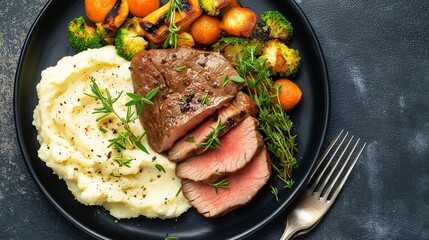 Gourmet Steak Dinner: A succulent steak, sliced and resting on a bed of creamy mashed potatoes, is complemented by roasted vegetables and a sprig of fresh rosemary, creating a mouthwatering visual 