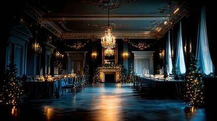 Elegant winter banquet hall beautifully decorated with festive lights and a classic chandelier, perfect for holiday celebrations.
