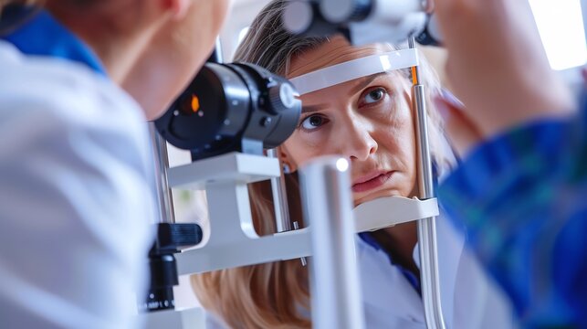Woman doctor at a macular degeneration clinic performing an eye examination on an elderly patient using specialized equipment to monitor the condition of the macula