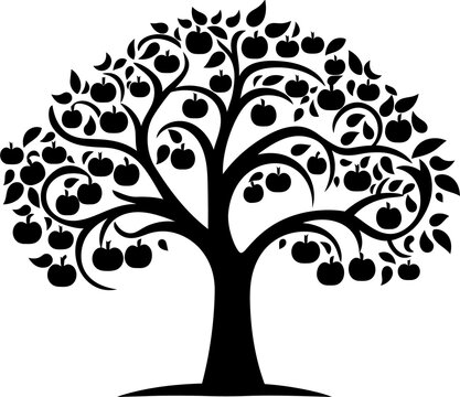 recommend clip art: Black silhouette apple tree isolated on White background. Illustration