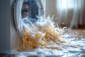 a washing machine with an open door, with laundry falling out and a lot of soapy water leaking out