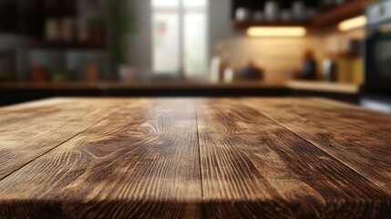 Wooden board empty table background kitchen blurred background : Generative AI