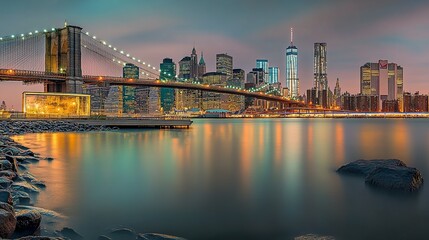 Twilight Scene: Brooklyn Bridge and Manhattan Skyline with City Lights Reflecting on Water &ndash; Urban Setting