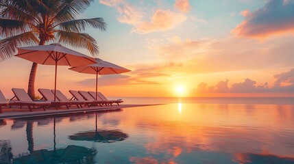 Sunset tourism landscape Luxurious beach resort with swimming pool reflection beach chairs or loungers under umbrellas with palm trees sunset sky Summer travel and romantic vacation ba : Generative AI
