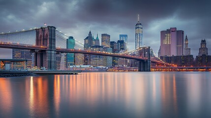 Naklejka premium Urban Concept: Brooklyn Bridge and Manhattan Skyline at Twilight with City Lights on Water