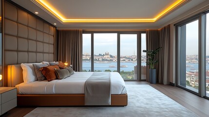 Fototapeta premium Modern and luxurious master bedroom with views of Istanbul and the Bosporus Condo or Hotel accommodation : Generative AI