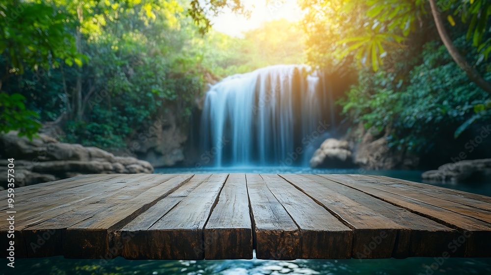 Poster Empty wood table top with blur background of waterfall tropical in summer The table giving copy space for placing advertising product on the table along with beautiful summer waterfall : Generative AI