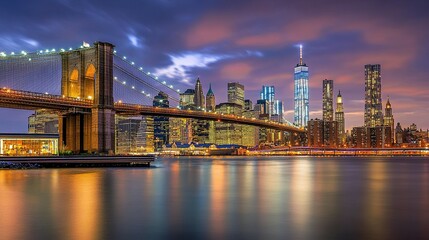 Fototapeta premium Urban Concept: Brooklyn Bridge and Manhattan Skyline at Twilight with City Lights on Water