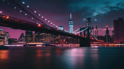 Urban Concept: Brooklyn Bridge and Manhattan Skyline at Twilight with City Lights on Water