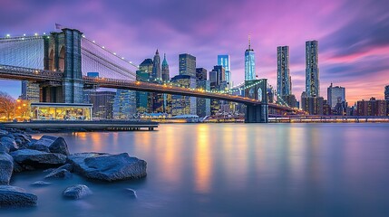 Obraz premium City Lights Reflecting on Water: Brooklyn Bridge and Manhattan Skyline During Twilight – Urban Scene