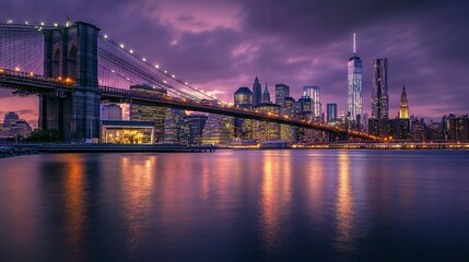 City Lights Reflecting on Water: Brooklyn Bridge and Manhattan Skyline During Twilight – Urban Scene