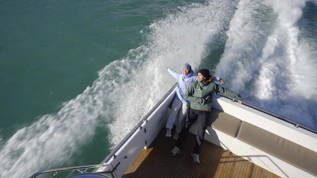 Tourists During The Luxurious Nature Cruise To See Dolphins Around The Akaroa Harbour In New Zealand. High Angle Shot