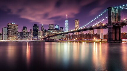 Naklejka premium Brooklyn Bridge and Manhattan Skyline at Twilight: Urban Concept Featuring City Lights on Water