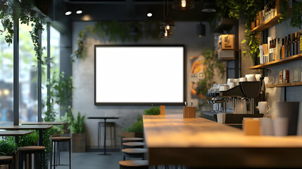 Modern coffee shop interior with bar seating, empty sign, and coffee machine.