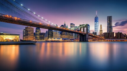 Brooklyn Bridge and Manhattan Skyline at Twilight: City Lights Reflecting on Water – Urban Concept