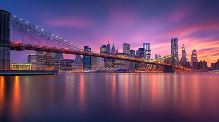 Brooklyn Bridge and Manhattan Skyline at Twilight: City Lights Reflecting on Water &ndash; Urban Concept