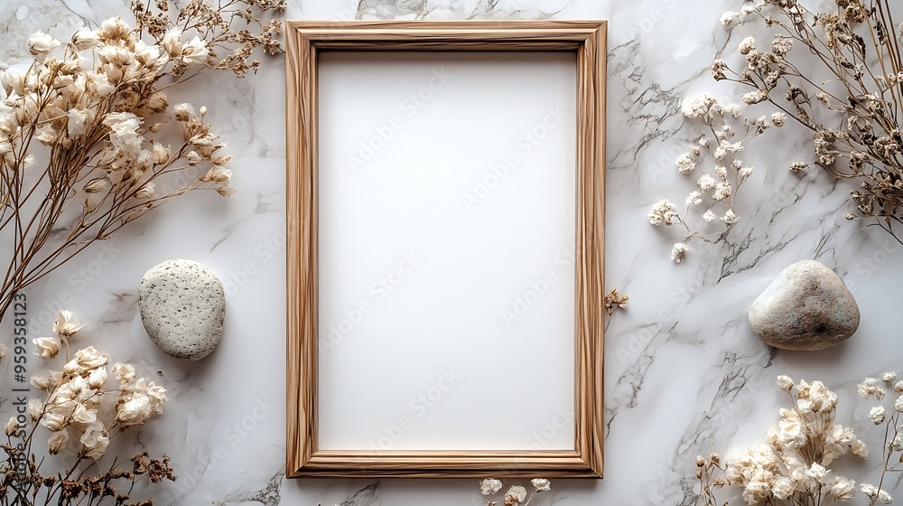 Fototapete empty photo frame dried flowers and stone on a light background top and vertical view : generative a