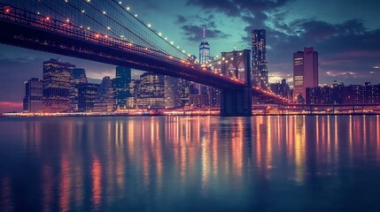 Brooklyn Bridge and Manhattan Skyline at Twilight: City Lights Reflecting on Water – Urban Concept