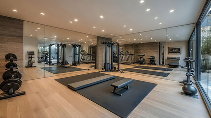 Modern home gym interior with wooden floor, mirrored walls, exercise equipment, and window with outdoor view.