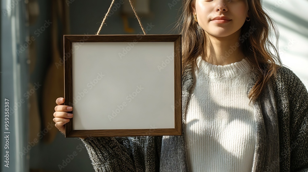 Aufkleber closeup of female hanging wooden frame with empty mockup copy space art concept with shadows and lig