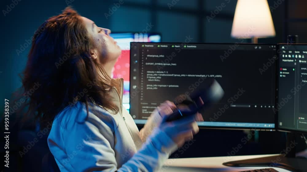 Poster freelancing programmer listening music while designing and developing software applications. it spec