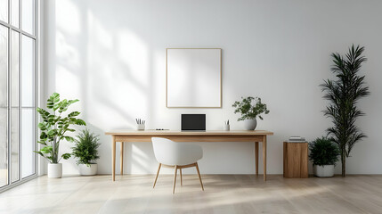 Modern home office with wooden desk, white chair, laptop, and plants.