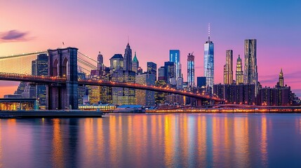 Twilight Scene: Brooklyn Bridge and Manhattan Skyline with City Lights Reflecting on Water &ndash; Urban Setting