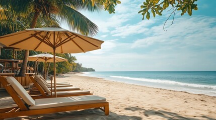 Empty beach with beach bar Leisure loungers with sun beds and umbrellas Tropical scene luxury travel design Palm trees sandy shore calm waves Sunny sky summer landscape vacation exotic : Generative AI