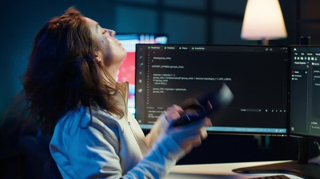 Freelancing programmer listening music while designing and developing software applications. IT specialist wearing headphones, implementing and maintaining company systems, camera A