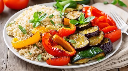 Roasted Vegetable Medley: A colorful and appetizing plate of roasted bell peppers, eggplant, zucchini, and tomatoes served with a side of brown rice. Perfect for healthy eating, vegan and vegetarian