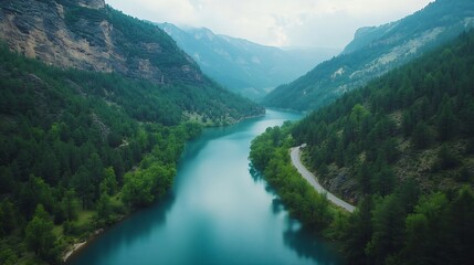 High angle aerial view of river and road running through forest and mountainous landscape : Generative AI