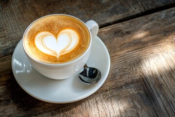 Fototapeta premium Close-up of cappuccino coffee with heart-shaped latte art on a wooden table, offering a cozy and inviting vibe for coffee lovers. A perfect image to represent warm beverages, relaxation, or cafe cultu