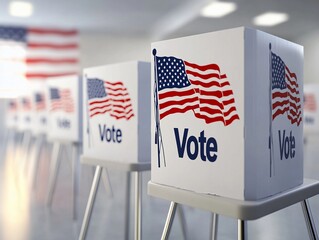 Straight on row of voting booths at polling station during American election.