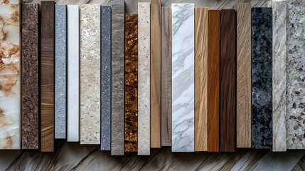 mood board material samples for interior design contains travertine ceramic tile white statuario marble quartz walnut and douglasfir laminated floorings wooden oak vinyl flooring tiles : Generative AI