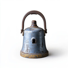 Fototapeta premium An antique metal bell with a rustic patina, featuring a handle and a weathered look, isolated on a white background.