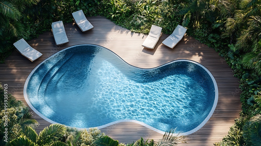 Poster aerial view of a swimming pool with wavy and curved shapes around the pool there is wooden flooring 