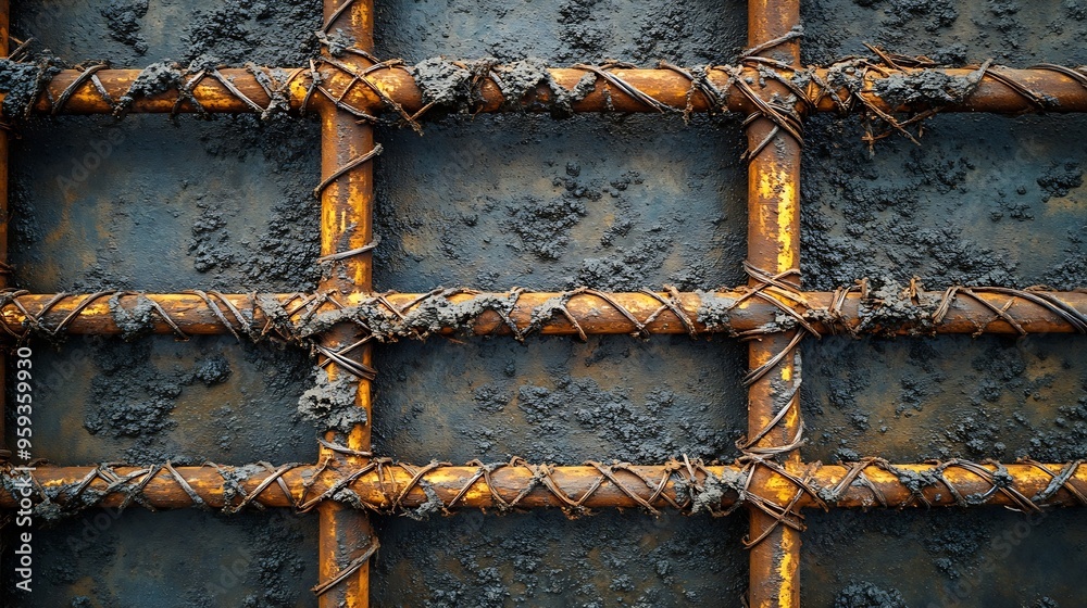 Poster iron frame for foundation floor building site top view closeup reinforced concrete structures knitti