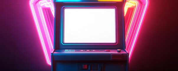 A retro arcade machine with an empty white screen, surrounded by neon lights in a dark arcade, captured in a vibrant, colorful photo style