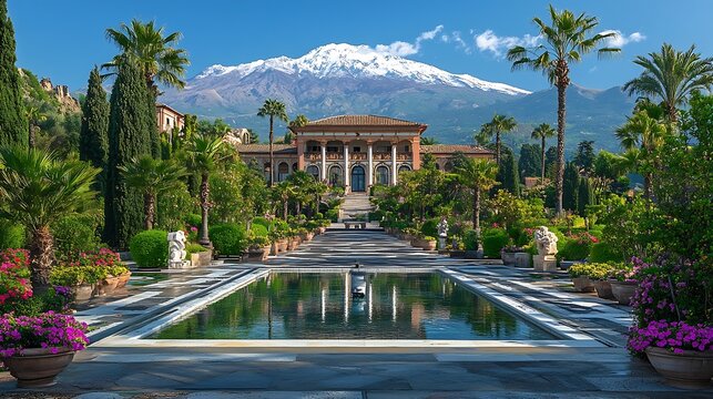 Luxury San Domenico Palace Hotel with panoramic view on snow capped Mount Etna volcano on sunny day from public garden Parco Duca di Cesaro to Giardini Naxos in Taormina Sicily Italy E : Generative AI
