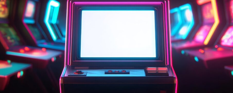 A retro arcade machine with an empty white screen, surrounded by neon lights in a dark arcade, captured in a vibrant, colorful photo style