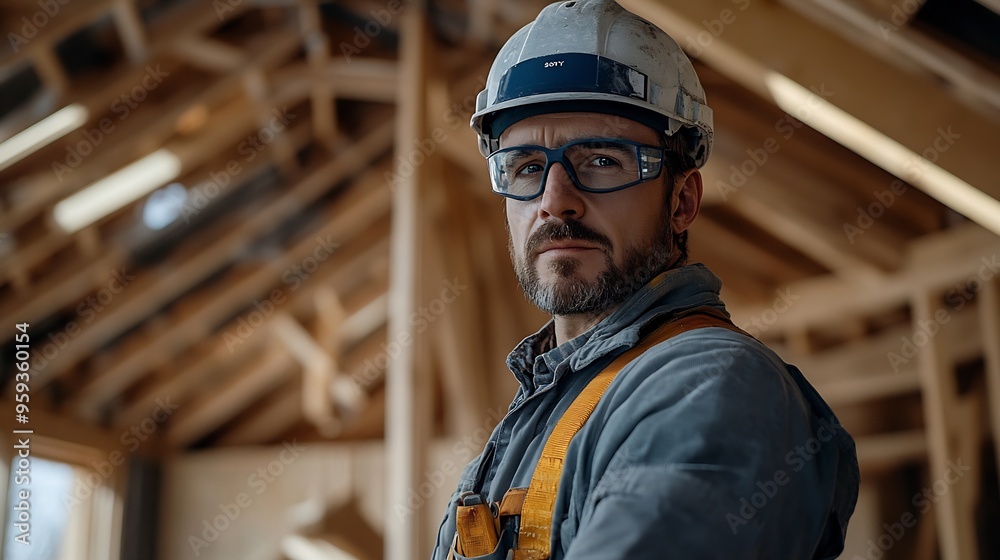 Poster Man builder Engineer works at construction site Builder in gray uniform Foreman inside unfinished house Contractor uses equipment for construction Frame of wooden house above man build : Generative AI