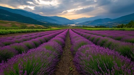 Lavender Fields at Sunset: A breathtaking landscape of purple lavender fields stretching towards a distant mountain range, bathed in the golden glow of a setting sun. The scene evokes tranquility