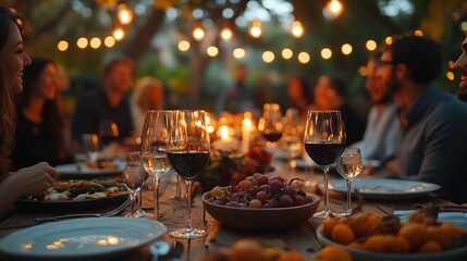 Friends enjoying outdoor dinner harvest party : Generative AI